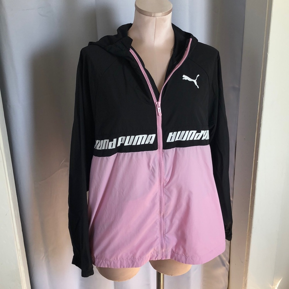 PUMA Women's Black and Pink Windbreaker Jacket